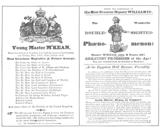 Reproduction of front and back of original handbill
distributed on London streets in 1831, to advertise Master M‘Kean. From
the Harry Houdini Collection.