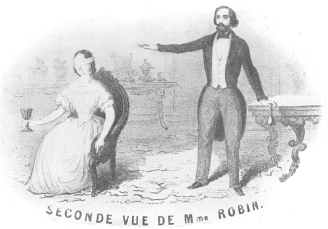 Second sight as offered by M. and Mme. Robin, in which
Robin employed the bell and the goblet. From the latter she sipped
liquor, claiming it tasted like the wine secretly named by a spectator.
Robin’s stage was equipped with electrical appliances. From the Harry
Houdini Collection.