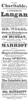 Marriot programme featuring “Cabalistic Art” in 1831, or
fifteen years before Robert-Houdin claims to have invented the
disappearing handkerchief trick. From the Harry Houdini Collection.
