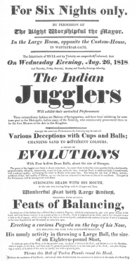 Handbill used by the original Indian jugglers in England
during 1818, in which the sword-swallowing trick is featured. From the
Harry Houdini Collection.