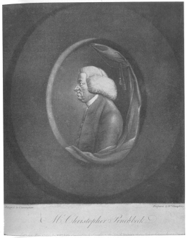 A very rare mezzotint of Christopher Pinchbeck, Jr.,
combining the work of Cunningham, the greatest designer, and William
Humphrey, the greatest portrait etcher of his day. From the Harry
Houdini Collection.