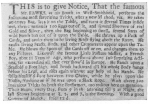 Clipping from the London Daily Post of August, 1735, in
which Fawkes advertises his admission price as twelvepence. From the
Harry Houdini Collection.