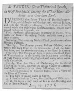 Clipping from the London Post, August 16th, 1736, when
young Fawkes was playing alone. From the Harry Houdini Collection.