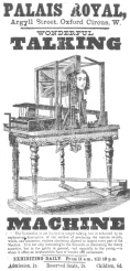 Hanger advertising the Professor Faber talking machine,
exhibited by P. T. Barnum during 1873 in his museum department. This
automaton was the first talking figure. From the Harry Houdini
Collection.