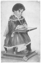 The Jacquet-Droz writing automaton. From the brochure
issued by the Society of History and Archæology, Canton of Neuchâtel,
Switzerland.