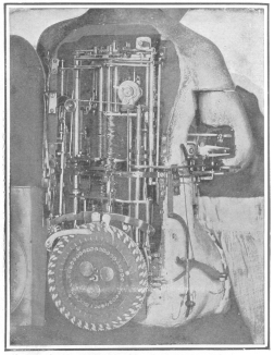 View of the mechanism which operates the Jacquet-Droz
writing automaton. From the brochure issued by the Society of History
and Archæology, Canton of Neuchâtel, Switzerland.