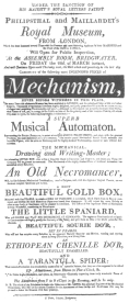 Poster used, March 22nd, 1811, by de Philipsthal and
Maillardet during their partnership, on which the writing and drawing
figure is featured. From the Harry Houdini Collection.