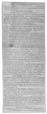 Haddock advertisement in the London Telegraph, January,
1796, in which he features the writing automaton as an androide. From
the Harry Houdini Collection.