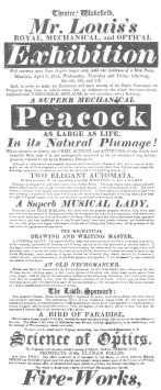 A Louis programme of April 3rd, 1815, in which the
writing and drawing figure is advertised as a juvenile artist. It also
features a bird of paradise automaton which Robert-Houdin claimed to
have invented thirty years later. From the Harry Houdini Collection.
