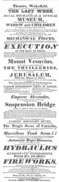 Poster announcing a benefit for the widow and children of
de Philipsthal at Wakefield, in April, 1829, which proves that writing
and drawing figure formed no part of the estate left by the deceased
showman. From the Harry Houdini Collection.