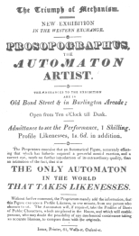 Handbill advertising the fake automatic artist, exhibited
also at 161 Strand, London, May 7th, 1826. From the Harry Houdini
Collection.