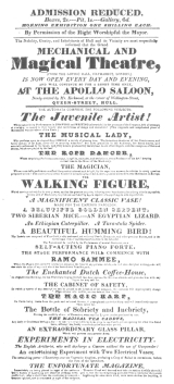 Programme used by Mr. Schmidt in 1827, when he had
possession of the writing and drawing figure. From the Harry Houdini
Collection.