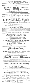 A Gyngell programme of 1823, advertising “A
Confectioner’s Shop,” whose attendant will serve automatically any sort
of confectionery demanded. From the Harry Houdini Collection.