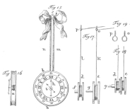 The above diagram exposes the magic clock trick, as
offered in the time of Hofrath von Eckartshausen, a German writer on
magic in the eighteenth and the nineteenth centuries. Fig. 15 shows the
clock in position for the trick, hung against the rear wall or “drop.”
Gaily-colored ribbons hide thin leather tubes through which run two sets
of stout silk thread or catgut, connecting with the hour and minute
hands. The thread then passes through the two iron rings, p and o in
Figures 17 and 19, which are screwed to the ceiling; thence to the
hidden confederate, who manipulates the clock hands as the hour and
minute are announced by magician or spectator. Fig. 16 shows the two
faces of the clock, with the fine connecting rod around which the string
is wound to manipulate the hands. This mechanism is hidden by a flat
brass band which encircles the edges of the two transparent faces. From
Eckartshausen’s “The Conjurer’s Pocket,” edition of 1791.