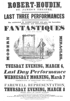 Copy of a poster used by Robert-Houdin to advertise his
trapeze performer. This proves how accurately he duplicated the Pinetti
figure, even to the arrangement of floral garlands. From the Harry
Houdini Collection.