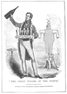 Reproduction of a political cartoon in Punch, published
during Anderson’s London engagement, April, 1843, proving that the
“Inexhaustible Bottle Trick” was used by Anderson before Robert-Houdin
was a professional entertainer. From the Harry Houdini Collection.