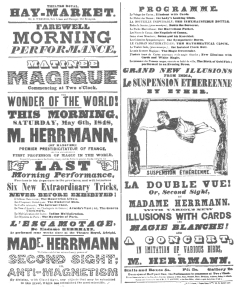 Billing used by Compars Herrmann when he played in
opposition to Robert-Houdin on the latter’s arrival in London. This
shows that Herrmann duplicated all of Robert-Houdin’s tricks. From the
Harry Houdini Collection.