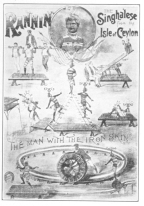 A Rannin lithograph, showing him doing the sword-walking
act which Robert-Houdin claimed to have been a fraud. Rannin is still
working in Germany, imitated by many, equalled by none. From a
photograph in the Harry Houdini Collection.