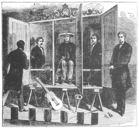 The cabinet trick offered by the Davenport Brothers. From
an old print in the Harry Houdini Collection.