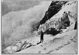 The cliff of ice over which Mr. Sloggett’s party must
have precipitated if they had not been dashed into the Bergschrund.