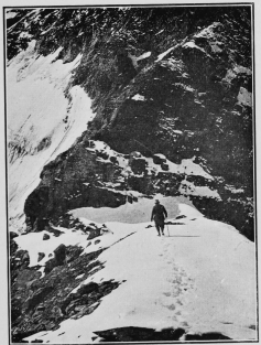 The climb up the Matterhorn by the ordinary Swiss route
begins at the rocky corner to the left of the picture.