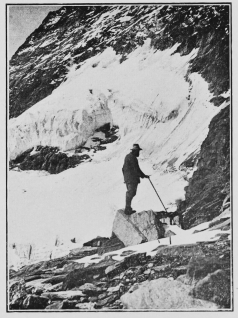 The Bergschrund, open when the accident to Mr. Sloggett’s
party took place, was above the ice cliff below which the man is
standing.

To face p. 8.