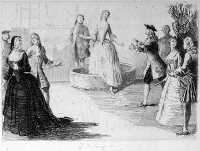 Scene Illustrating Steeles Funeral,
or Grief à la Mode. After the contemporary design by G. Vander Gucht.