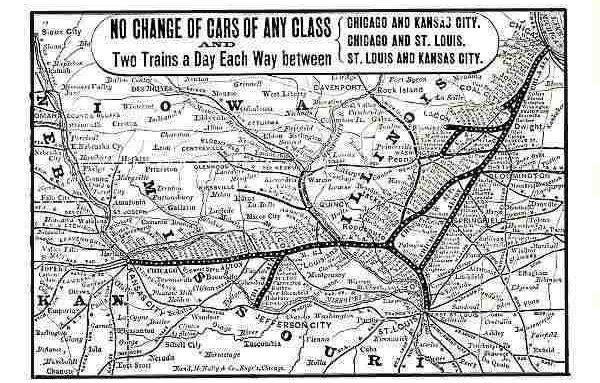 NO CHANGE OF CARS OF ANY CLASS AND Two Trains a Day Each Way between
  {CHICAGO AND KANSAS CITY. {CHICAGO AND ST. LOUIS. {ST. LOUIS AND KANSAS CITY.
