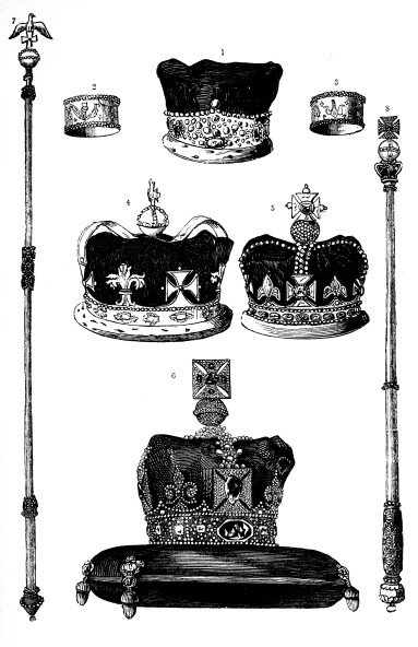 1. Queen’s Diadem. 2 and 3. Queen’s Coronation Bracelets.
4. Prince of Wales’s Crown. 5. Old Imperial Crown. 6. Queen’s Crown. 7.
Spiritual Sceptre. 8. Temporal Sceptre.