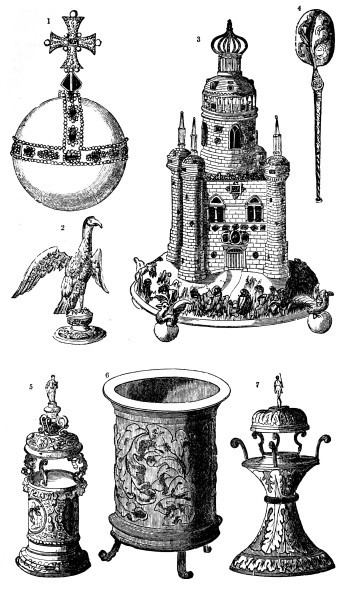 1. Imperial Orb. 2. Ampulla. 3. Golden Salt-Cellar of
State. 4. Anointing Spoon. 5, 6, 7. State Salt-Cellars.