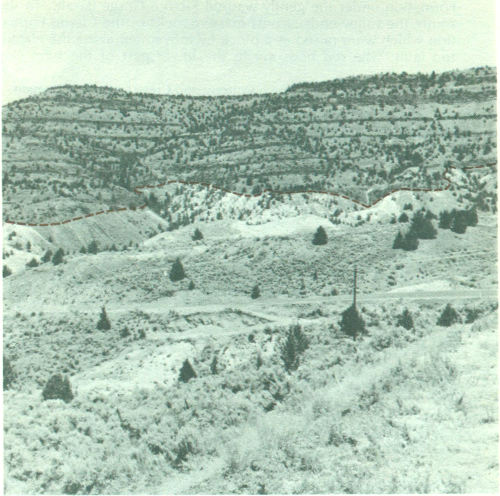 Fig. 10.&mdash;Ancient landscape on John Day Formation buried under Picture Gorge Basalt.