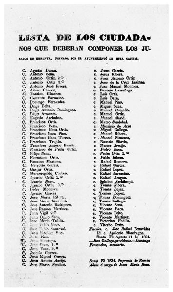 Lista de los ciudadanos que deberan componer los
jurados de imprenta, formada por el Ayuntamiento de este capital