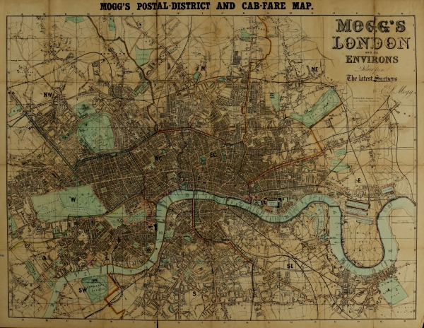 [Image unavailable: MOGG’S POSTAL-DISTRICT AND CAB-FARE MAP.

MOGG’S

LONDON

AND ITS

ENVIRONS

Drawn from

The latest Surveys

By E. T. Mogg.]