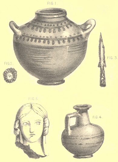 Plate 14: Upchurch Pottery, Adz, Spear Head, and Romano-Salopian
(Red) Ware