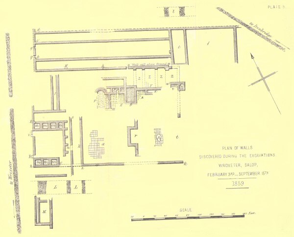 Plan of Walls, discovered by the Excavations at Wroxeter, Salop,
from February 3rd to September, 1863