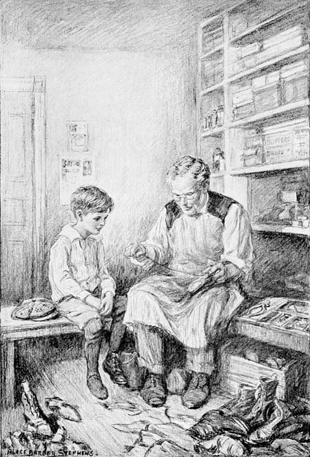 Pretty soon he was stitching away and cobbling at a great
rate, Davie swinging his stocking-foot