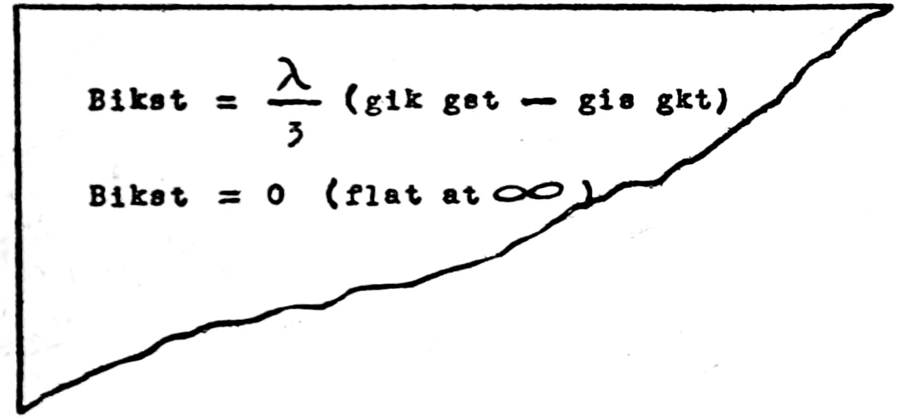 A torn scrap of paper showing two
    typewritten equations: “Bikst = λ/3 (gik gst - gis gkt)”, and
    “Bikst = 0 (flat at ∞)”.
