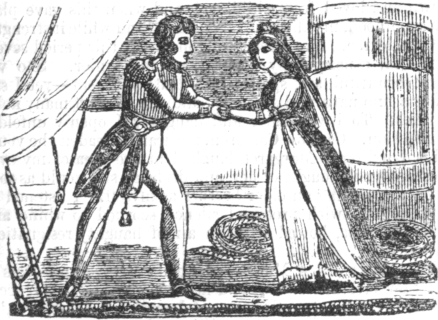 A couple in fancy dress standing facing each other
        and holding hands on the deck of a boat.