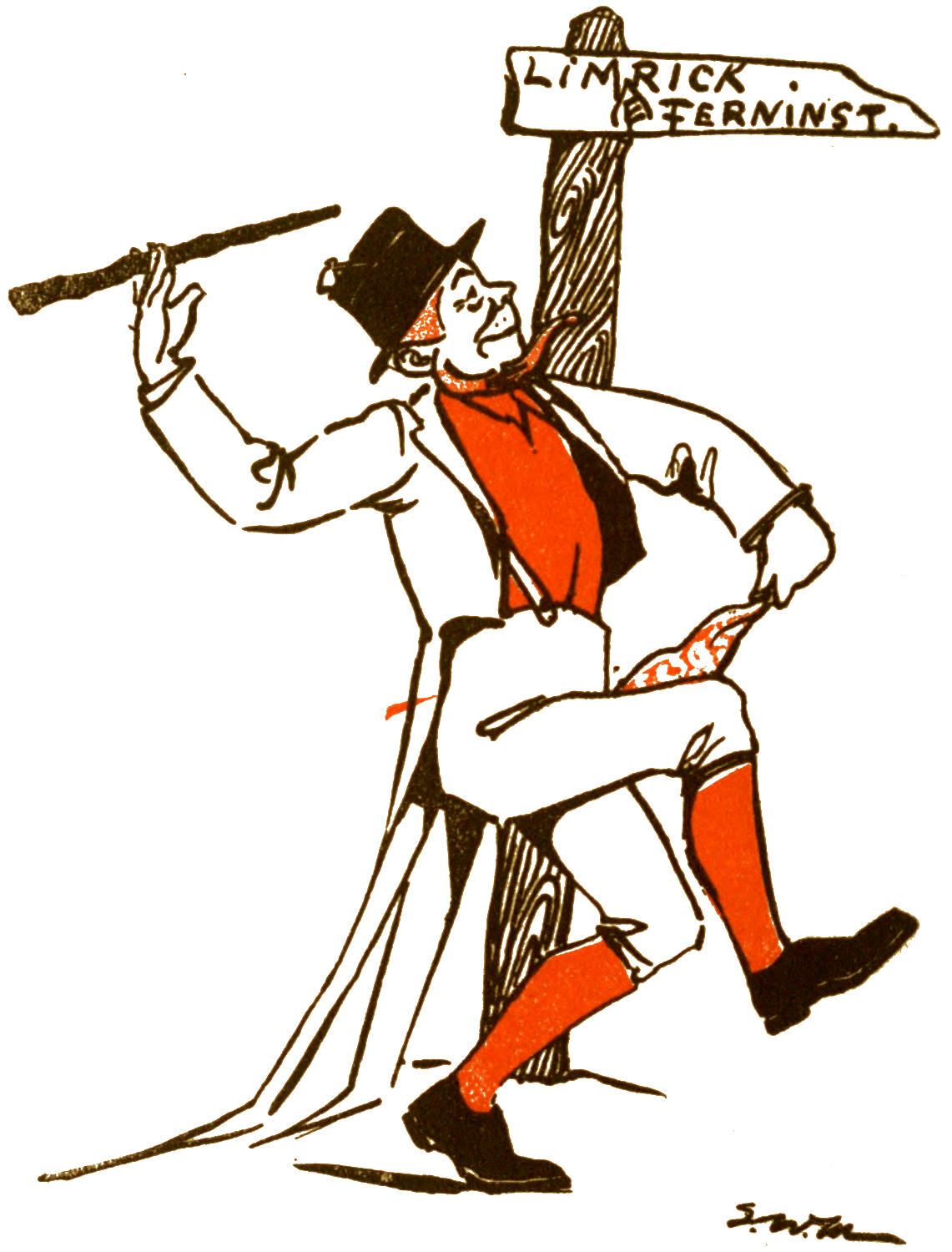 Merry dancing poet at signpost