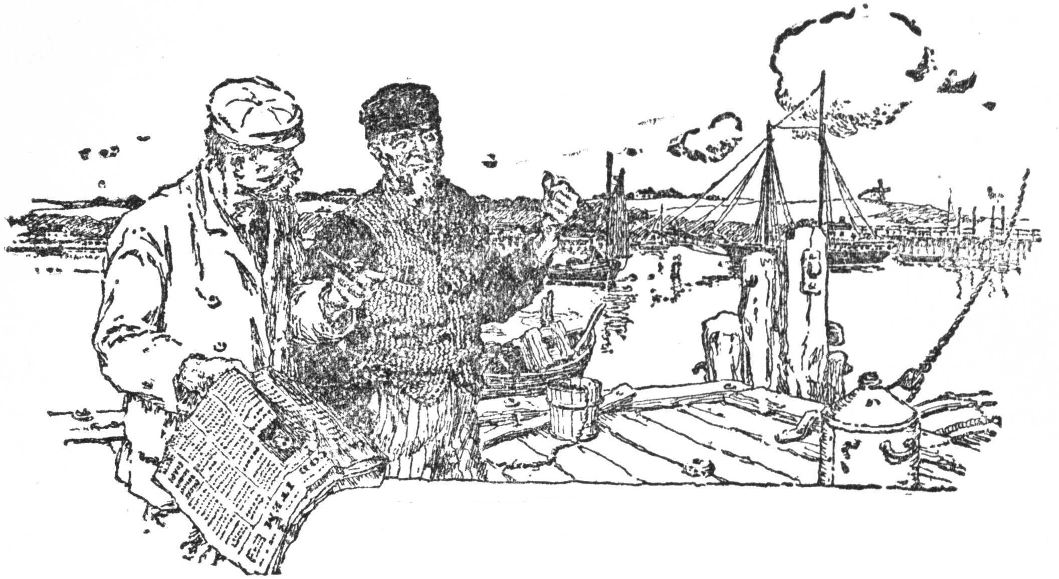 Two men looking at newspaper at dock