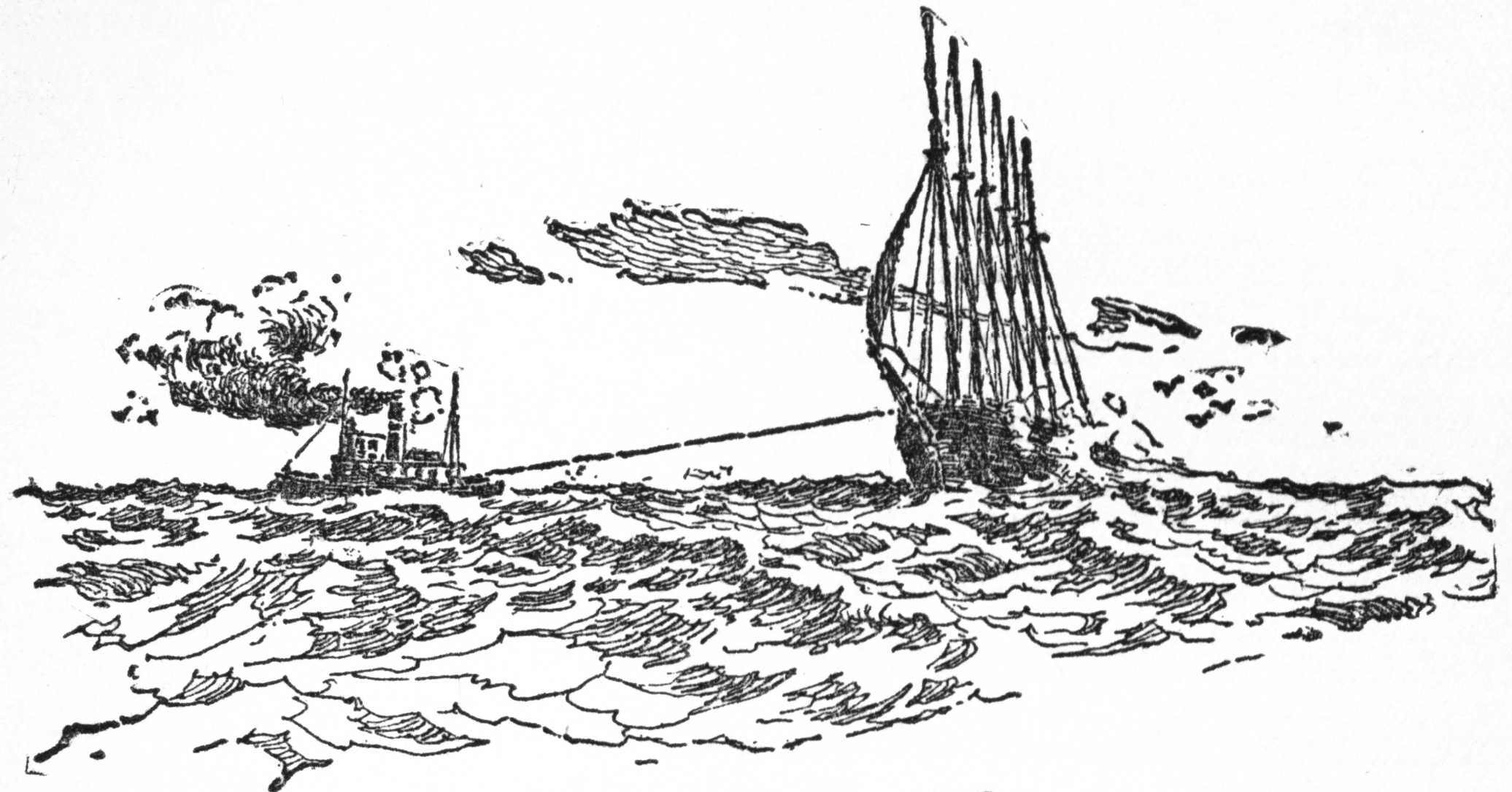 Steamer towing large sailing ship