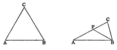 Two
triangles sharing base AB — left shows equilateral-looking triangle
ABC with apex C high above; right shows a flat, acute triangle ABC
with internal point F, illustrating how apex position and angle affect
triangle geometry.