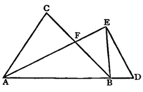 Two
overlapping triangles on baseline AD — triangle ACB with apex C, and
triangle AEB with vertical height EB, their sides crossing at point F.
Illustrates a proposition comparing areas or angles of intersecting
triangles.