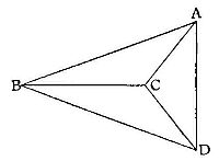 Vertical
line AD on the right, with point B far left and interior point C,
forming triangles BAC and BDC. Lines radiate from B through C to AD,
illustrating a proposition about angles or distances from an external
point.