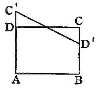 A rectangle
ABCD with two crossing diagonals inside, plus point C' above D and
D' on the right side, illustrating a proposition about diagonals,
rectangles, and points displaced from the corners.